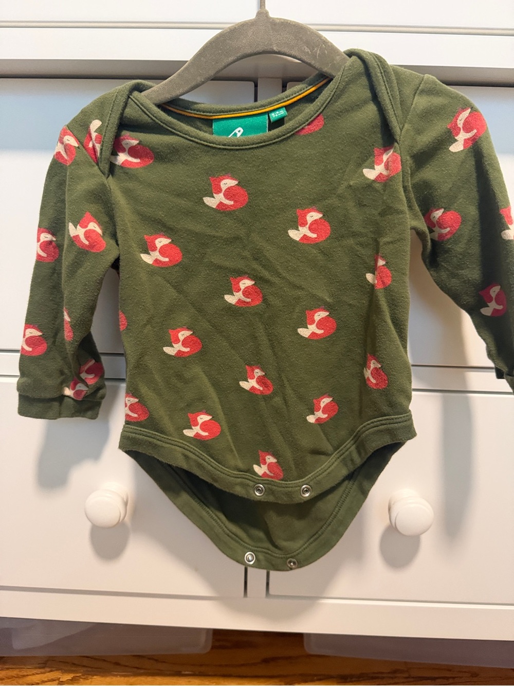 Little Green Radicals Olive Green Fox Print Long-Sleeve Bodysuit